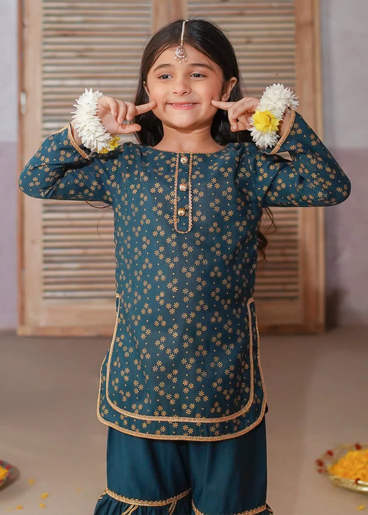 Picture of Modest - 3 Piece Printed Rawsilk Gharara - Available at Raja Sahib