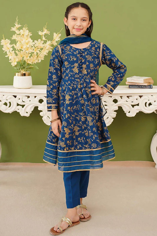 Picture of Modest - 3 Piece Blue Linen Printed Suit - Available at Raja Sahib