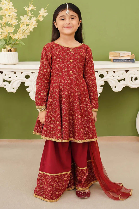 Picture of Modest - 3 Piece Maroon Printed Linen Gharara - Available at Raja Sahib