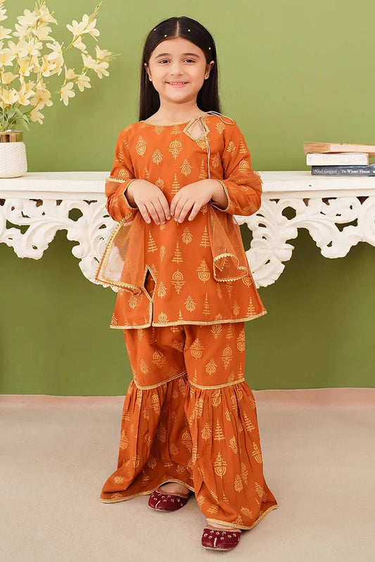 Picture of Modest - 3 Piece Printed Mustard Linen Gharara - Available at Raja Sahib