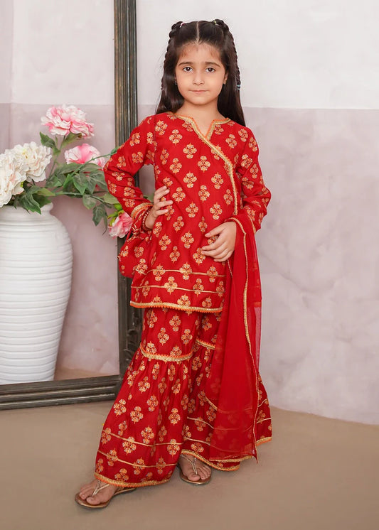 Picture of Modest - 3 Piece Rawsilk Printed Gharara - Available at Raja Sahib