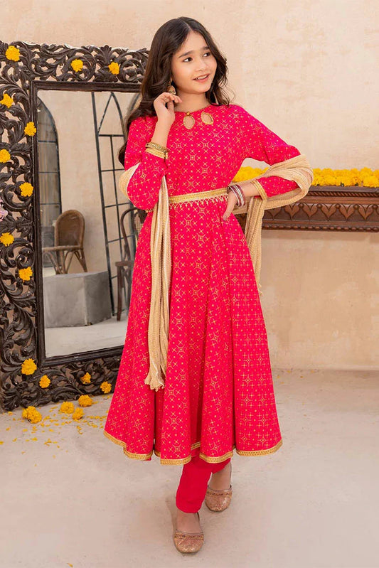 Picture of Modest - Meethi Eid - 3 Piece Pink Rawsilk Printed Frock - Available at Raja Sahib