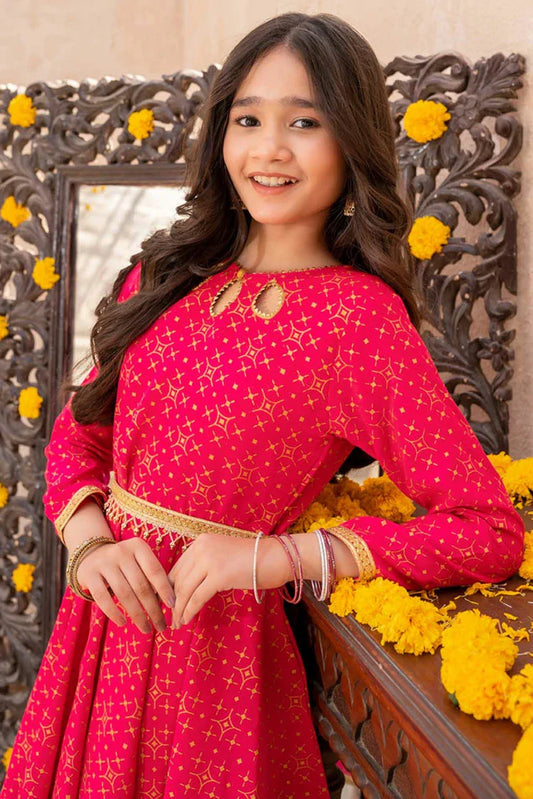 Picture of Modest - Meethi Eid - 3 Piece Pink Rawsilk Printed Frock - Available at Raja Sahib