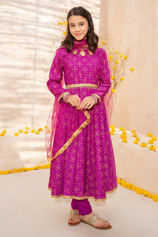 Picture of Modest - Meethi Eid - Purple Rawsilk Printed 3 Piece Frock - Available at Raja Sahib