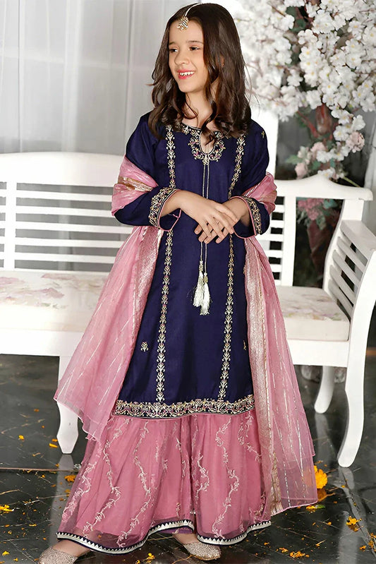 Picture of Modest - Kids Blue Raw Silk Gharara Outfit - Available at Raja Sahib