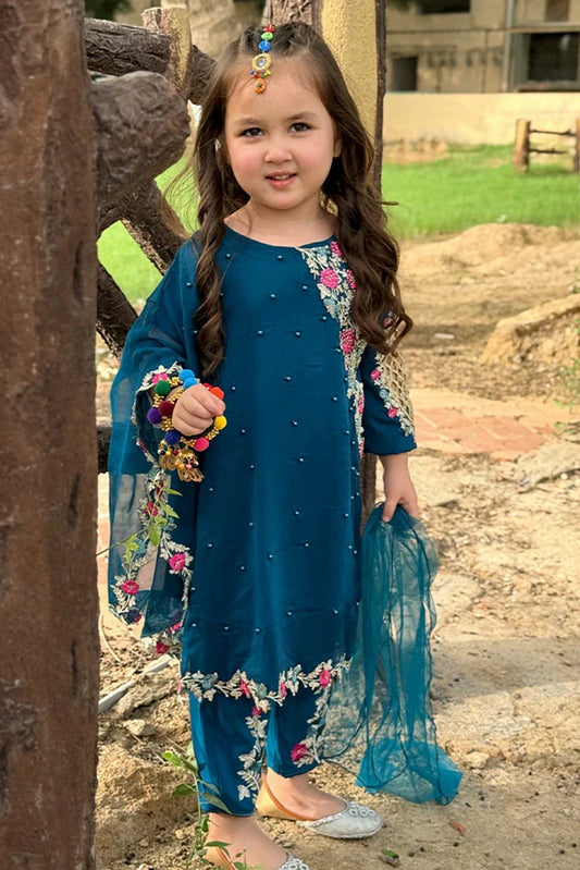 Picture of Modest - 3 Piece Chiffon Blue Suit - Available at Raja Sahib