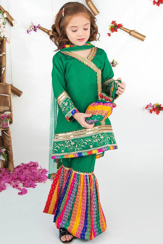 Picture of Modest - Girls Green Raw Silk Wedding Dress - Available at Raja Sahib