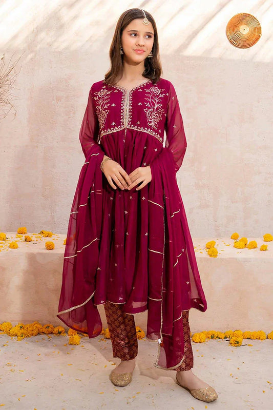 Picture of Modest - Meethi Eid - Maroon Crinkle Embroidered 3 Piece - Available at Raja Sahib