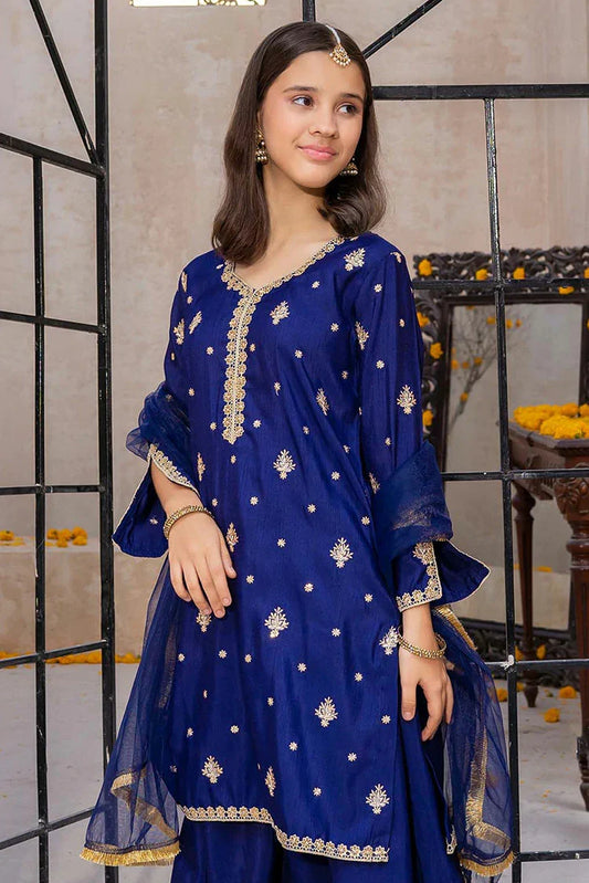 Picture of Modest - Meethi Eid - Blue Rawsilk Embroidered 3 Piece Gharara - Available at Raja Sahib