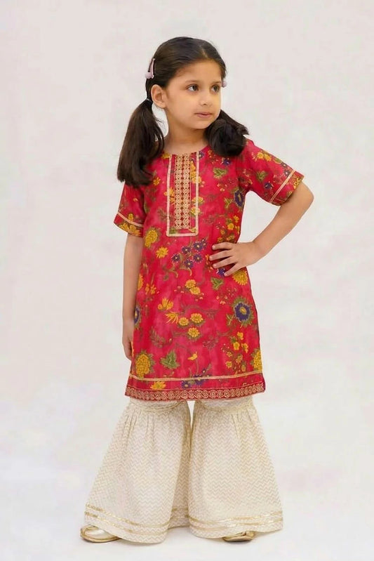 Picture of Abar - Dhanak Rung Collection - Red Silk Floral Katan - Available at Raja Sahib