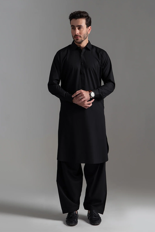 Picture of Wash & Wear | Black Collared Shalwar Kameez - Available at Raja Sahib
