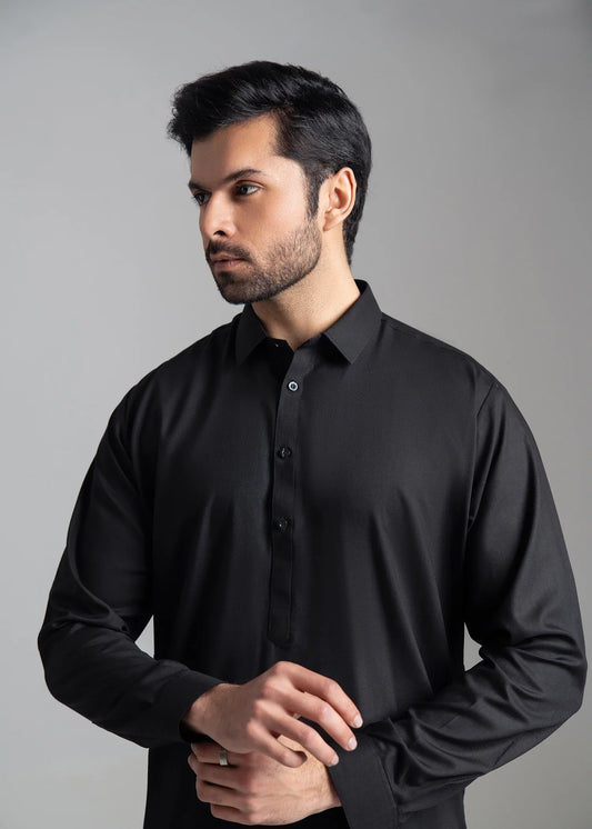 Picture of Wash & Wear | Black Collared Shalwar Kameez - Available at Raja Sahib