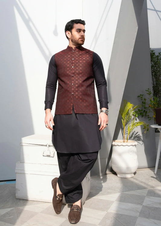 Picture of Platinum Maroon | Waist Coat Ceremonial - Available at Raja Sahib