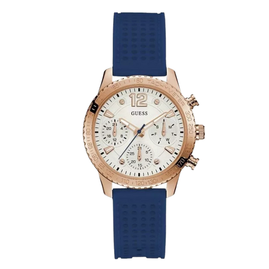 Guess Marina Blue Silicone Strap Silver Dial Chronograph Quartz Watch for Ladies - W1025L4