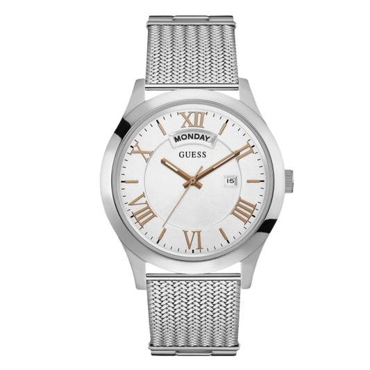 Guess Metropolitan Silver Mesh Bracelet White Dial Quartz Watch for Gents - W0923G1