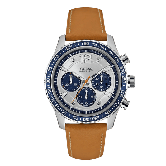 Guess Fleet Brown Leather Strap Silver Dial Chronograph Quartz Watch for Gents - W0970G1