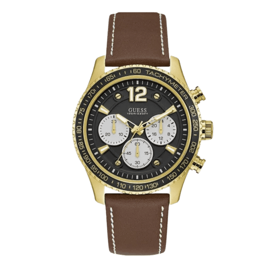 Guess Fleet Brown Leather Strap Black Dial Chronograph Quartz Watch for Gents - W0970G2