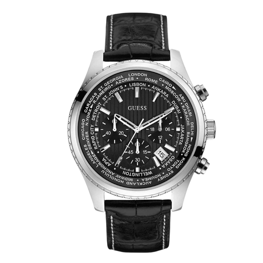 Guess Pursuit Black Leather Strap Black Dial Chronograph Quartz Watch for Gents - W0500G2