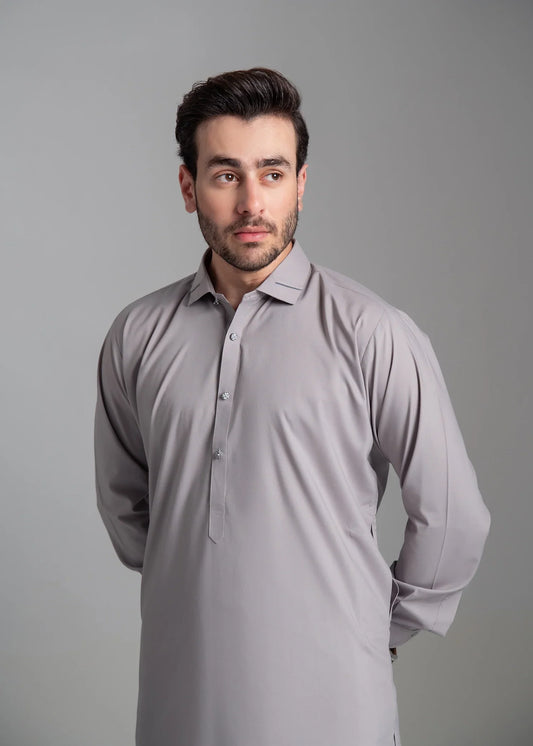 Picture of Wash & Wear | Light Grey Collared Shalwar Kameez - Available at Raja Sahib