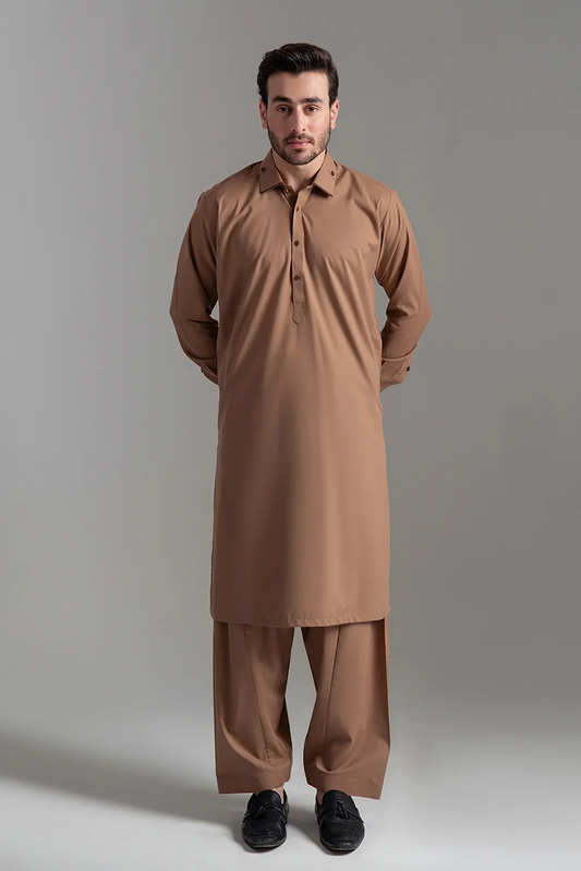 Picture of Wash & Wear | Brown Collared Shalwar Kameez - Available at Raja Sahib