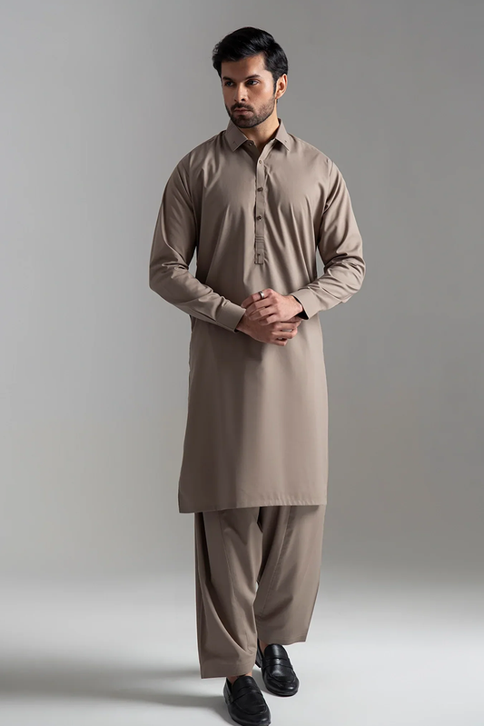 Picture of Wash & Wear | Beige Collared Shalwar Kameez - Available at Raja Sahib