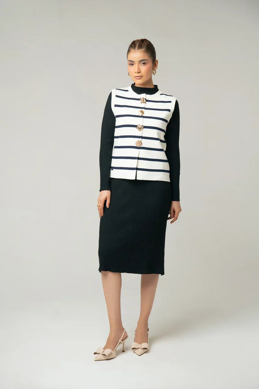 Picture of Sleeveless Striped Knit Cardigan - Available at Raja Sahib