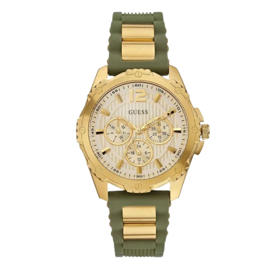 Guess Turquoise Olive Green Silicone Strap Gold Dial Chronograph Quartz Watch for Ladies - W0325L5