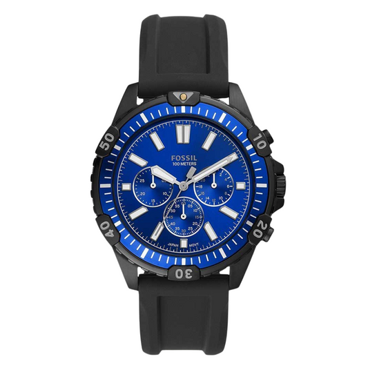Picture of Fossil Garrett Black Silicone Strap Blue Dial Chronograph Quartz Watch for Gents - FS5695 - Available at Raja Sahib