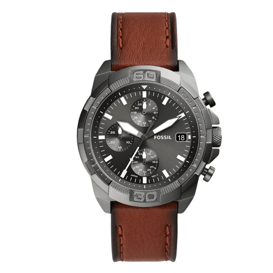 Picture of Fossil Bronson Brown Leather Strap Gray Dial Chronograph Quartz Watch for Gents - FS5855 - Available at Raja Sahib