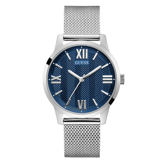 Guess Campbell Silver Mesh Bracelet Blue Dial Quartz Watch for Gents - GW0214G1