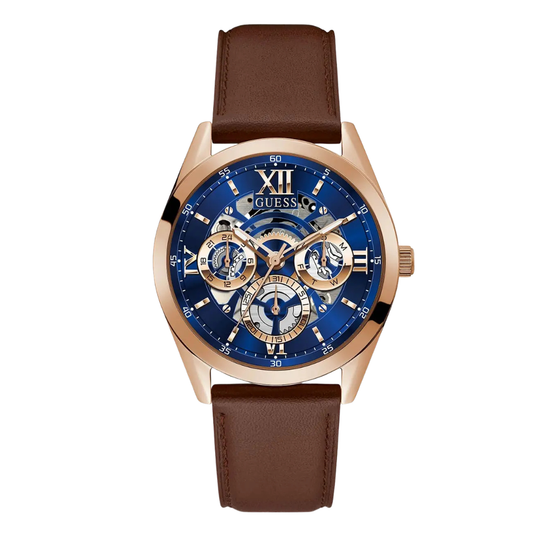Guess Tailor Brown Leather Strap Blue Dial Quartz Watch for Gents - GW0389G3