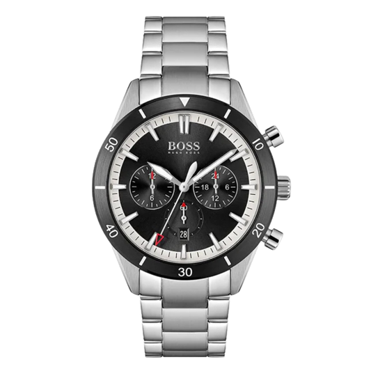 Hugo Boss Santiago Silver Stainless Steel Black Dial Chronograph Quartz Watch For Gents - 1513862