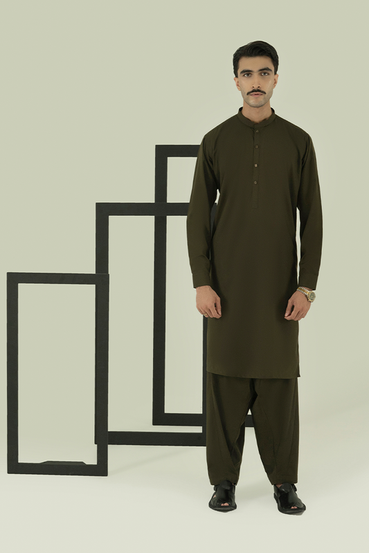 Black Pearl - Wash & Wear | Olive Ban Kameez Shalwar
