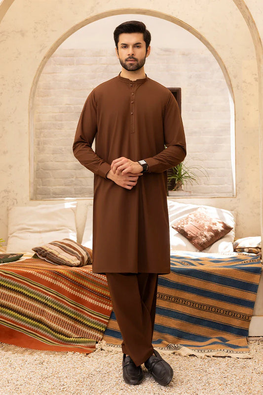 Picture of Black Pearl - Wash & Wear | Brown Collar Ban Kameez - Available at Raja Sahib