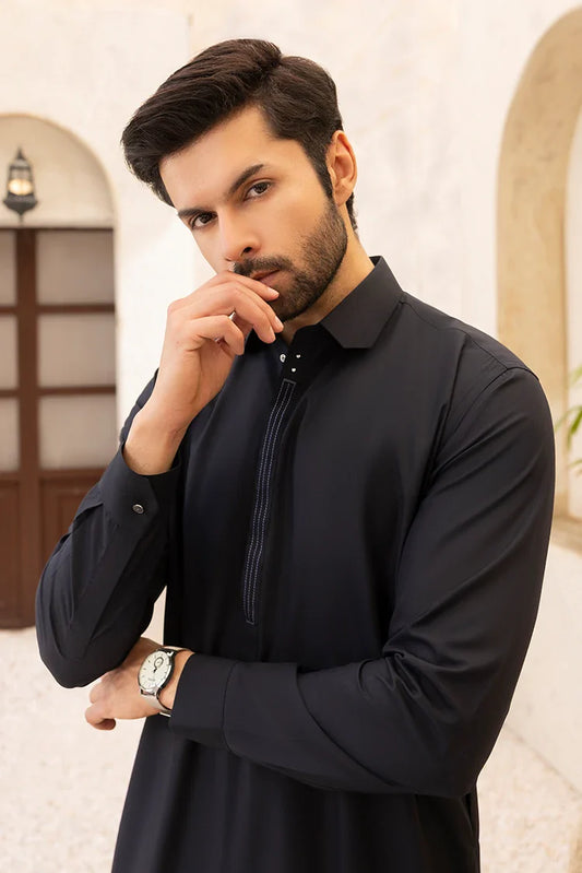 Picture of Black Pearl - Wash & Wear | Black Collar Shalwar kameez - Available at Raja Sahib