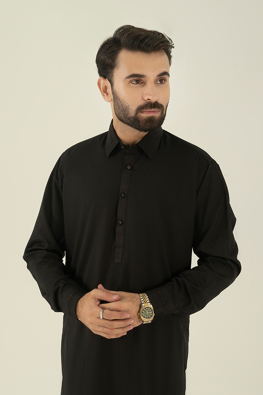 Picture of Black Pearl - Wash & Wear | Black Collar Kameez Shalwar - Available at Raja Sahib