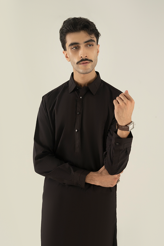 Picture of Black Pearl - Wash & Wear | Dark Brown Collar Kameez Shalwar - Available at Raja Sahib