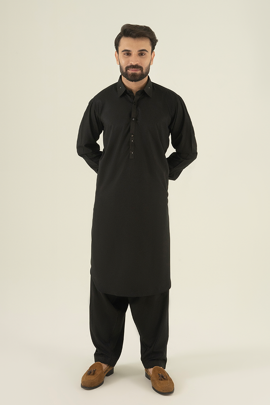 Black Pearl - Wash & Wear | Black Collar Kameez Shalwar