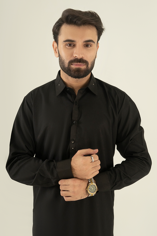 Picture of Black Pearl - Wash & Wear | Black Collar Kameez Shalwar - Available at Raja Sahib