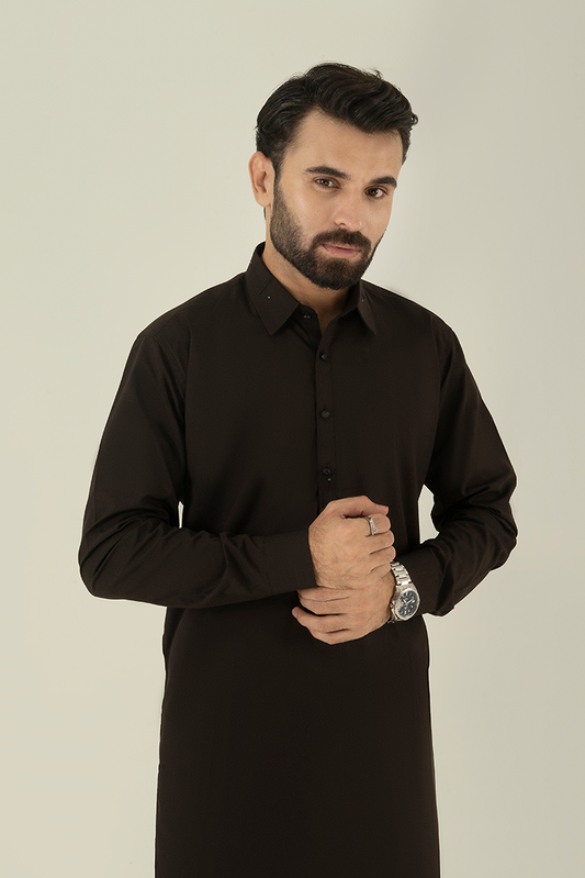 Picture of Black Pearl - Wash & Wear | Dark Brown Collar Kameez Shalwar - Available at Raja Sahib