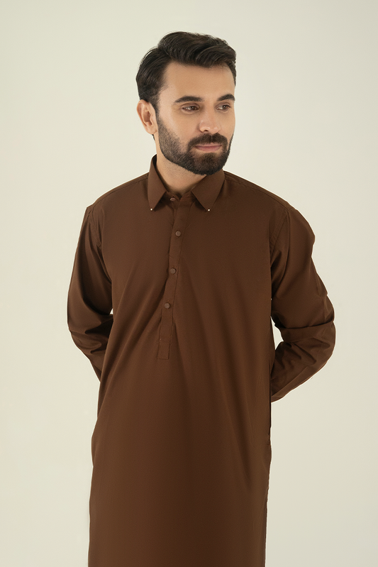 Picture of Black Pearl - Wash & Wear | Brown Collar Kameez Shalwar - Available at Raja Sahib