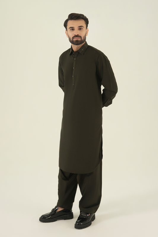 Black Pearl - Wash & Wear | Mehandi Collar Kameez Shalwar