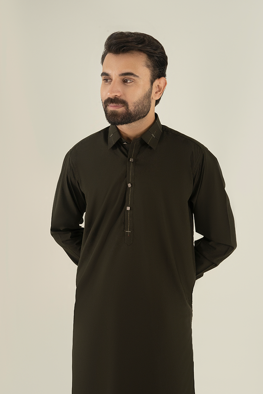Picture of Black Pearl - Wash & Wear | Mehandi Collar Kameez Shalwar - Available at Raja Sahib