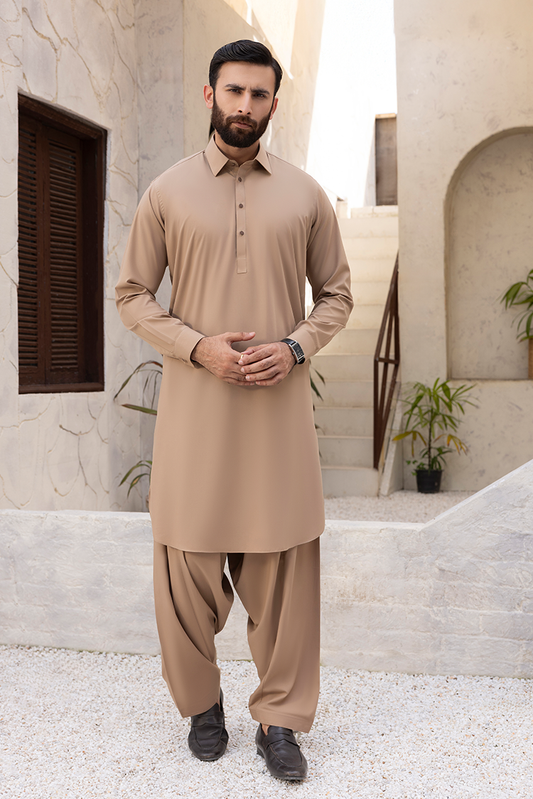 Picture of Black Pearl - Wash & Wear | Caramel Collar Shalwar Kameez - Available at Raja Sahib
