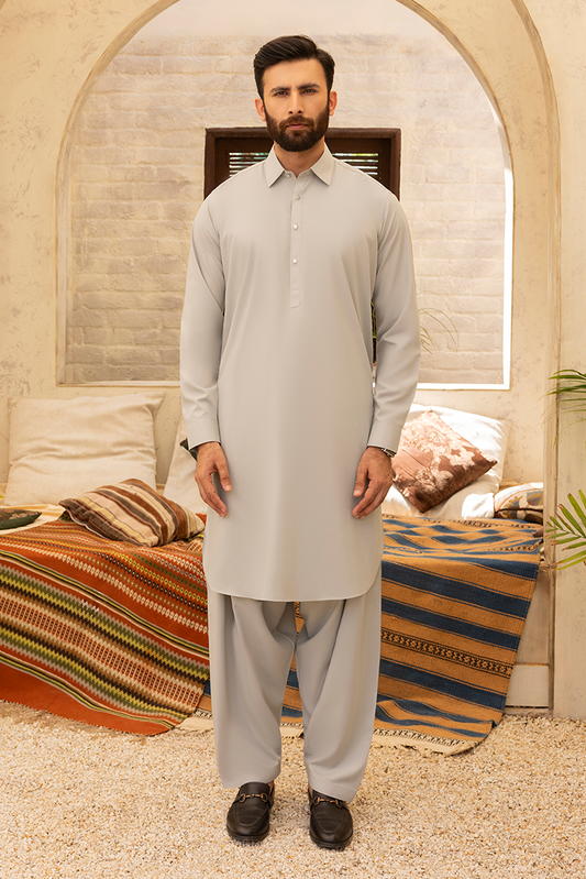Picture of Black Pearl - Wash & Wear | Ivory Sand Collar Shalwar Kameez - Available at Raja Sahib
