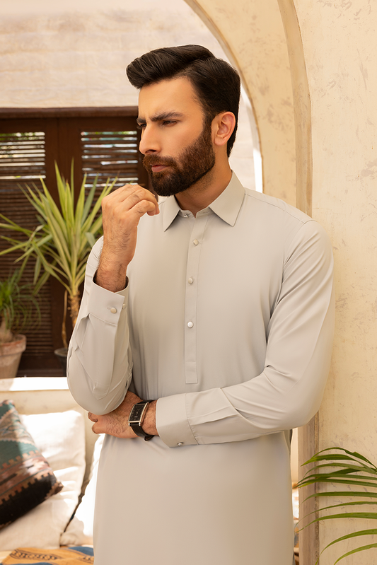 Picture of Black Pearl - Wash & Wear | Ivory Sand Collar Shalwar Kameez - Available at Raja Sahib