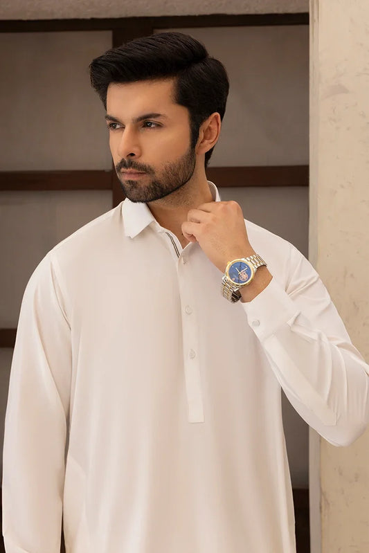 Picture of Wash & Wear | Off White Ban Shalwar Kameez - Available at Raja Sahib