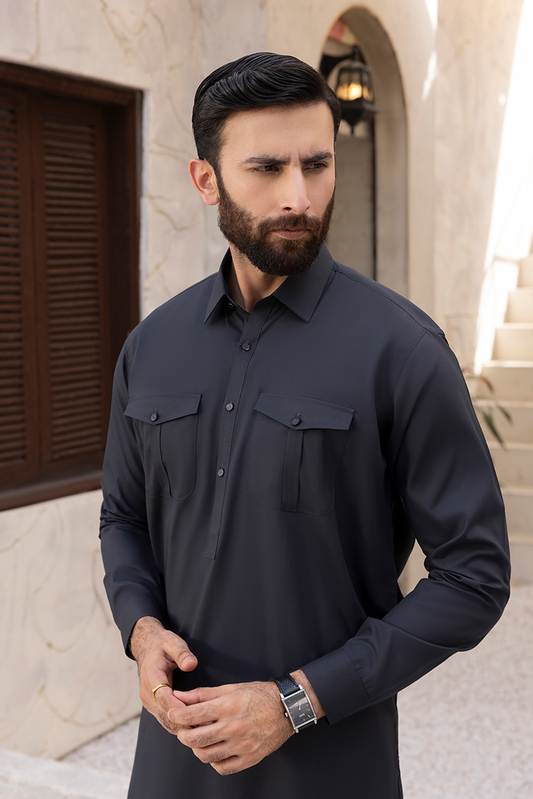 Picture of Black Pearl - Wash & Wear | Black Collar Shalwar Kameez - Available at Raja Sahib