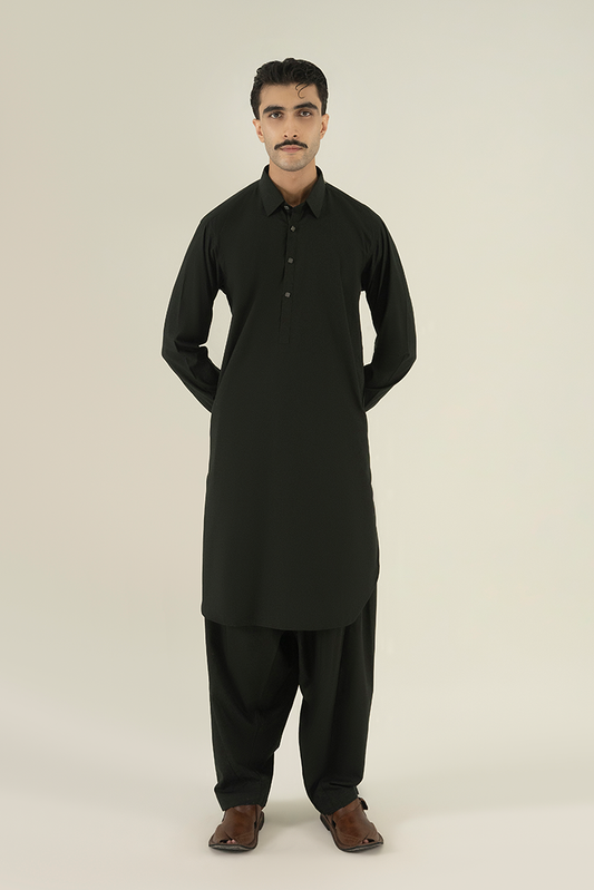 Black Pearl - Wash & Wear | Dark Green Collar Kameez Shalwar