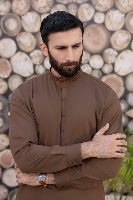 Picture of Black Pearl - Wash & Wear | Dark Brown Ban Shalwar Kameez - Available at Raja Sahib